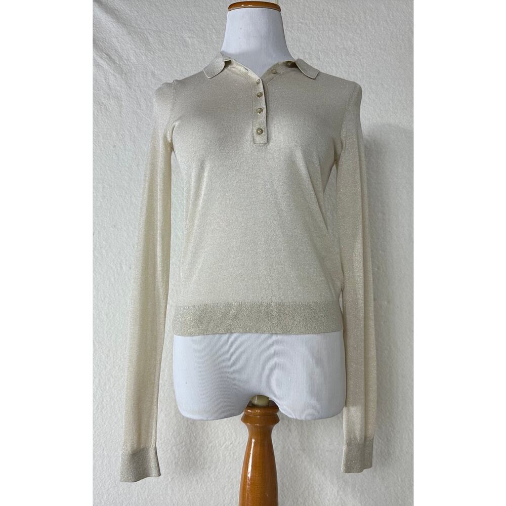 Maeve Anthropologie Metallic Sheer Sweater SZ S Quiet Luxury Light Academia